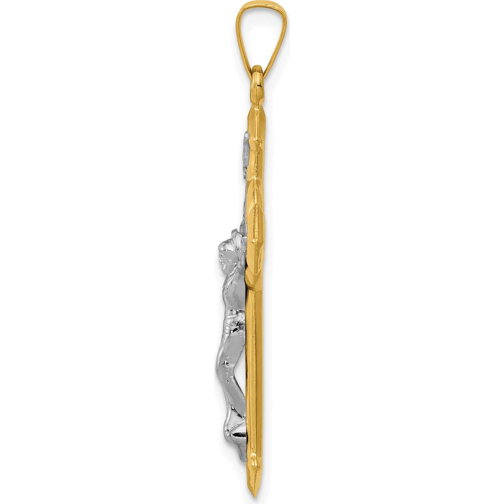 14K Yellow Gold and White Rhodium St. Benedict INRI Crucifix Pendant - 37.5mm Length by Oro Pregiato