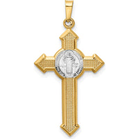 14K Yellow Gold and White Rhodium St. Benedict INRI Crucifix Pendant - 37.5mm Length by Oro Pregiato