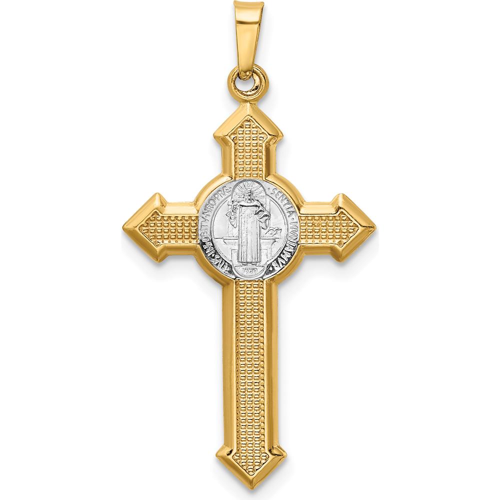 14K Yellow Gold and White Rhodium St. Benedict INRI Crucifix Pendant - 37.5mm Length by Oro Pregiato