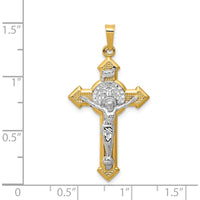 14K Yellow Gold and White Rhodium St. Benedict INRI Crucifix Pendant - 37.5mm Length by Oro Pregiato
