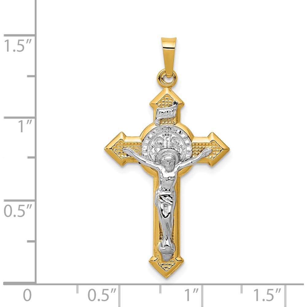 14K Yellow Gold and White Rhodium St. Benedict INRI Crucifix Pendant - 37.5mm Length by Oro Pregiato