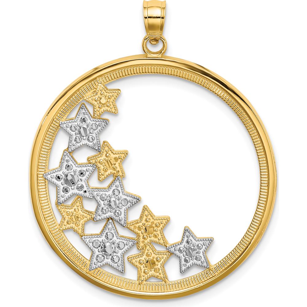 14K Yellow Gold and White Rhodium Stars in Round Frame Charm - Textured Star Pendant by Oro Pregiato