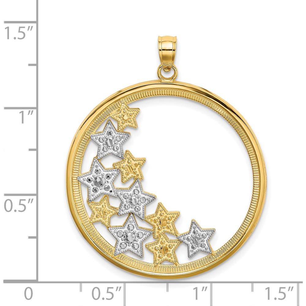 14K Yellow Gold and White Rhodium Stars in Round Frame Charm - Textured Star Pendant by Oro Pregiato