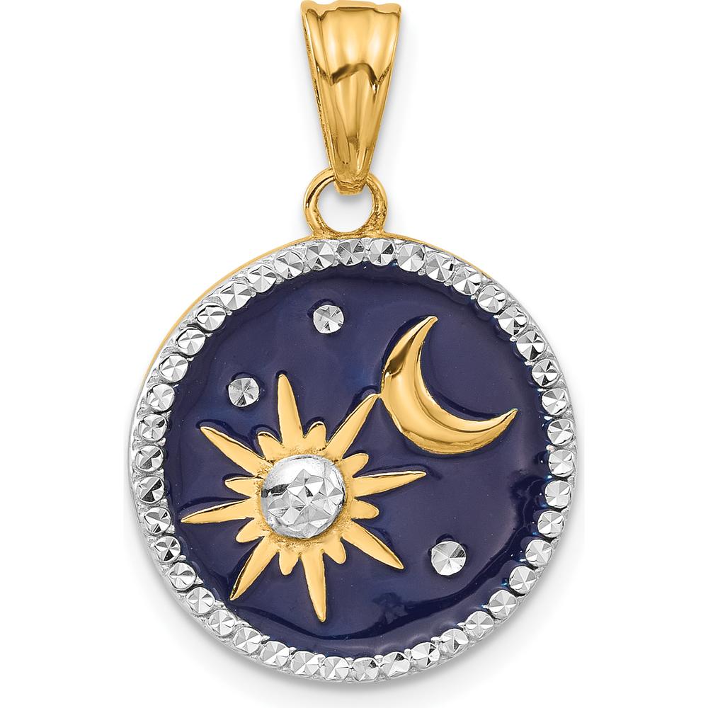 14K Yellow Gold and White Rhodium Sun and Moon Pendant with Diamond-Cut Detailing in Blue Enamel - 26mm Length by Oro Pregiato