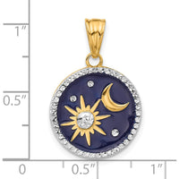 14K Yellow Gold and White Rhodium Sun and Moon Pendant with Diamond-Cut Detailing in Blue Enamel - 26mm Length by Oro Pregiato