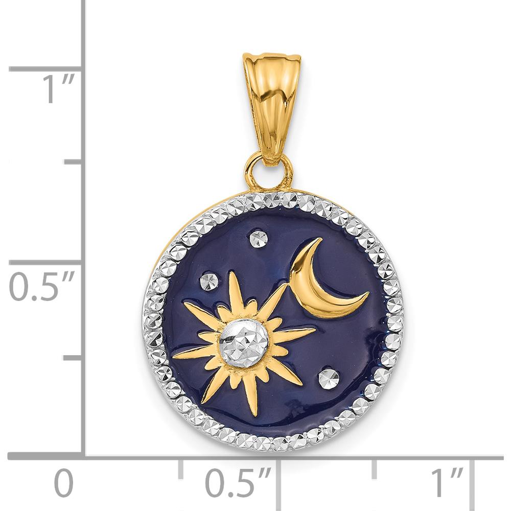 14K Yellow Gold and White Rhodium Sun and Moon Pendant with Diamond-Cut Detailing in Blue Enamel - 26mm Length by Oro Pregiato