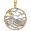 14K Yellow Gold and White Rhodium Sunset and Seagulls In Circle Pendant - 22.8mm Diameter by Oro Pregiato