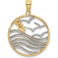 14K Yellow Gold and White Rhodium Sunset and Seagulls In Circle Pendant - 22.8mm Diameter by Oro Pregiato