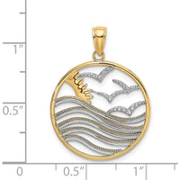14K Yellow Gold and White Rhodium Sunset and Seagulls In Circle Pendant - 22.8mm Diameter by Oro Pregiato