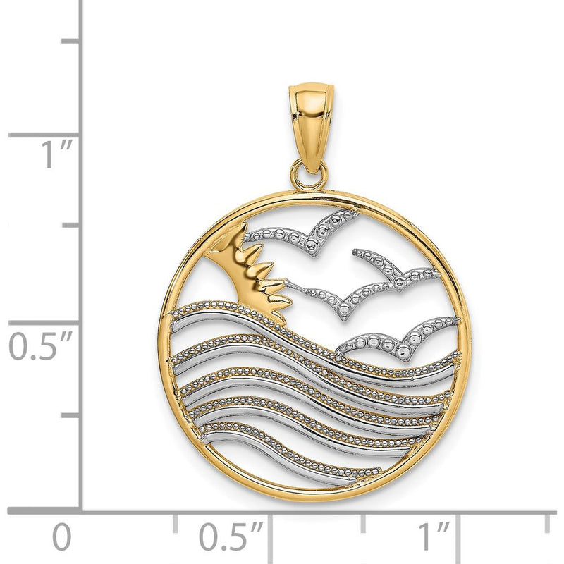 14K Yellow Gold and White Rhodium Sunset and Seagulls In Circle Pendant - 22.8mm Diameter by Oro Pregiato