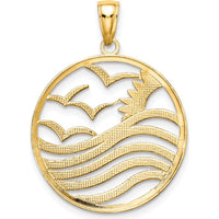 14K Yellow Gold and White Rhodium Sunset and Seagulls In Circle Pendant - 22.8mm Diameter by Oro Pregiato
