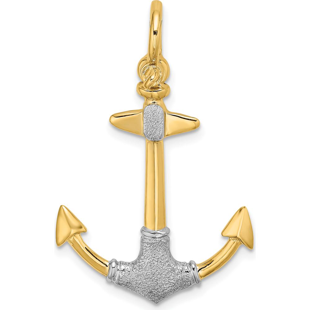 14K Yellow Gold and White Rhodium Textured Anchor Pendant with Shackle Bail Charm by Oro Pregiato