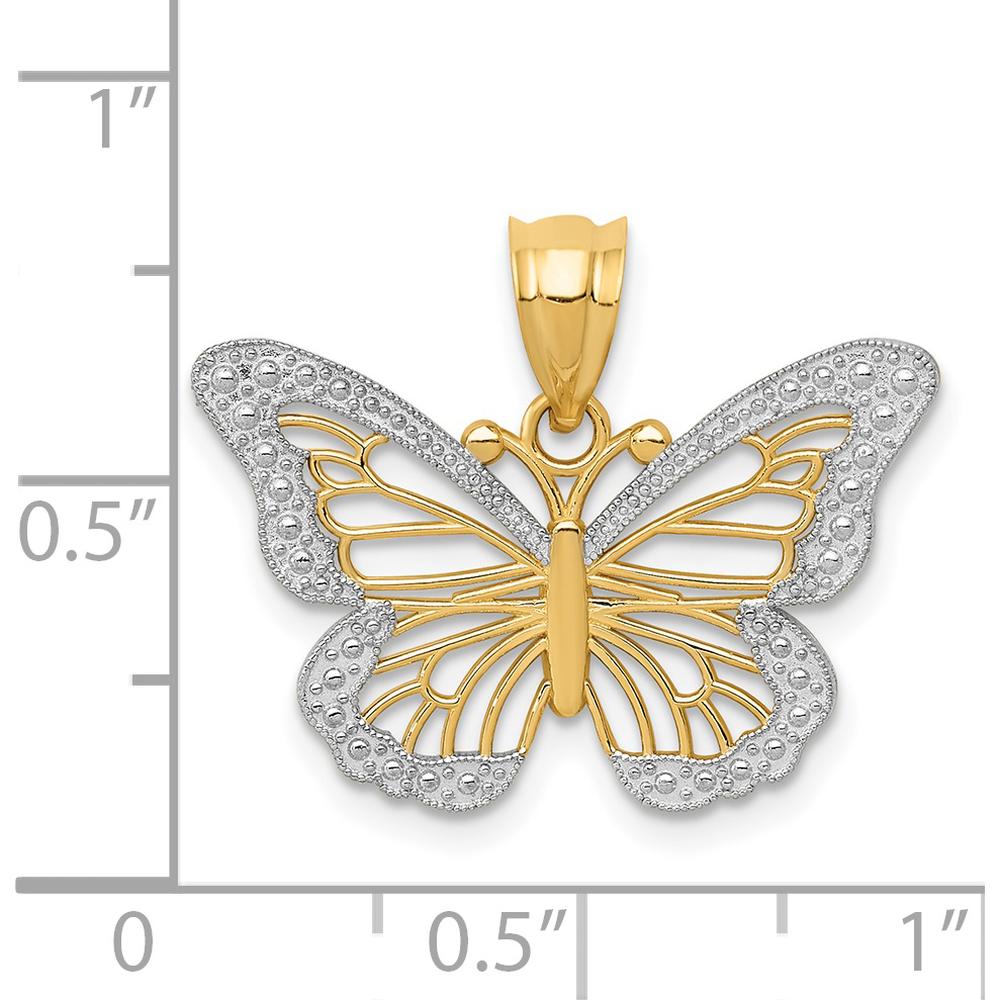 14K Yellow Gold and White Rhodium Textured Butterfly Pendant - 23mm Width, 15mm Length by Oro Pregiato