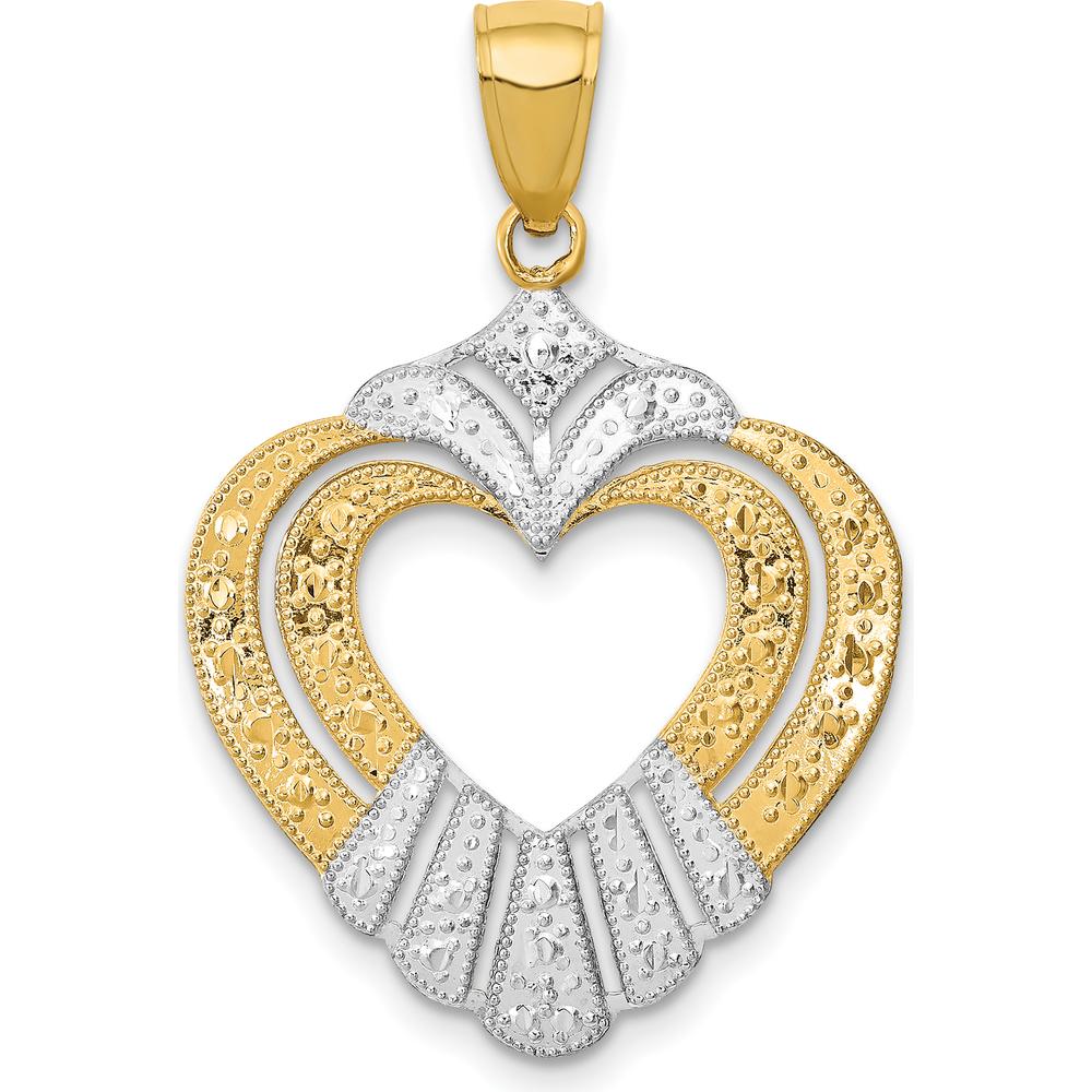 14K Yellow Gold and White Rhodium Textured Cut-Out Heart Charm - 37.9mm Length by Oro Pregiato