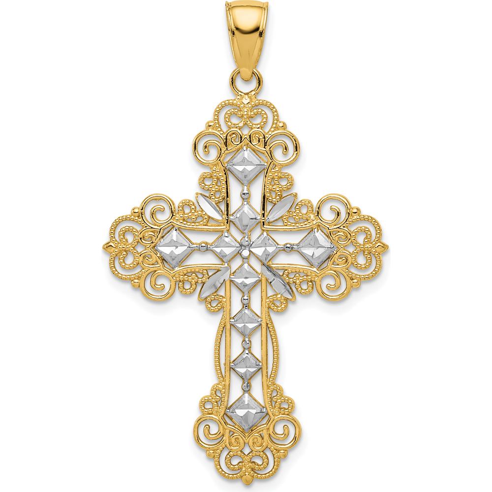 14K Yellow Gold and White Rhodium Textured Diamond-Pattern Cross Pendant - 45.1mm by Oro Pregiato