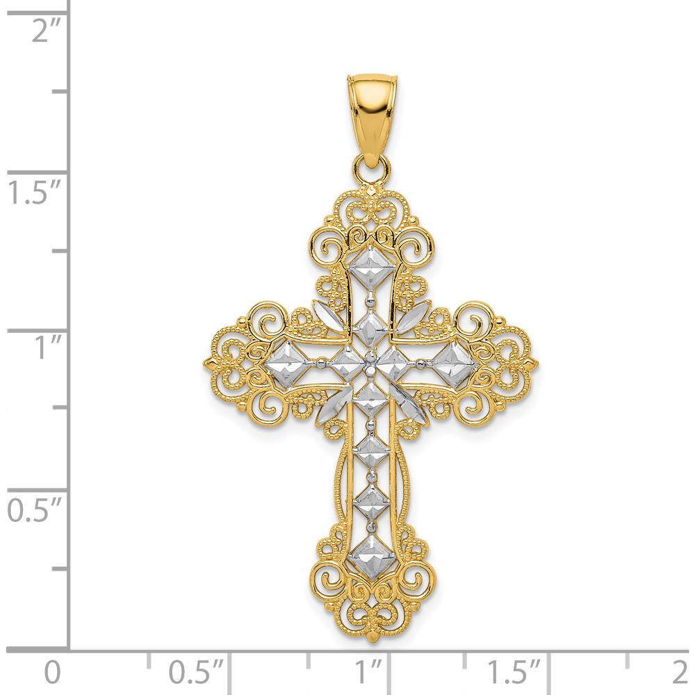 14K Yellow Gold and White Rhodium Textured Diamond-Pattern Cross Pendant - 45.1mm by Oro Pregiato