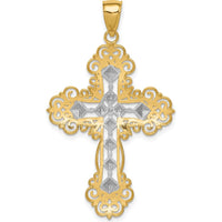 14K Yellow Gold and White Rhodium Textured Diamond-Pattern Cross Pendant - 45.1mm by Oro Pregiato