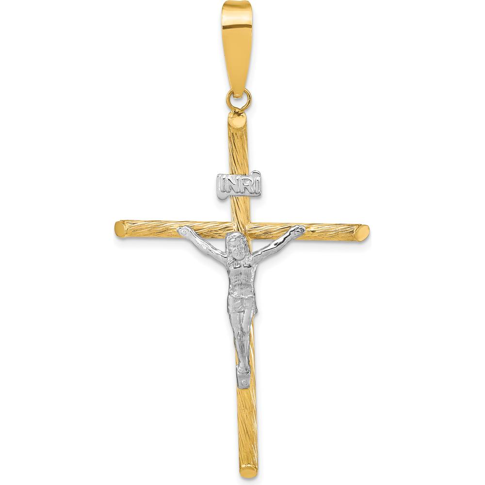 14K Yellow Gold and White Rhodium Textured INRI Crucifix Cross Pendant - 59.7mm Length by Oro Pregiato