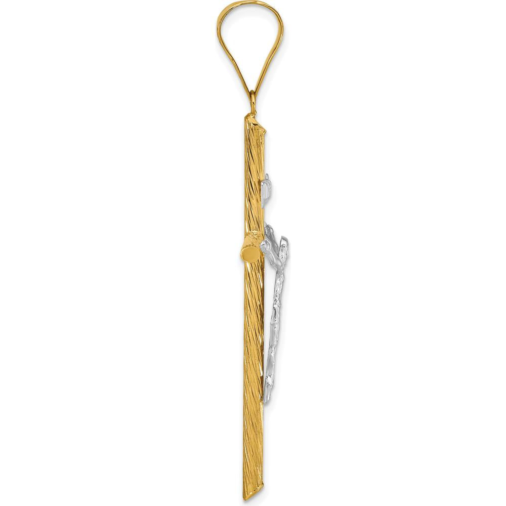 14K Yellow Gold and White Rhodium Textured INRI Crucifix Cross Pendant - 59.7mm Length by Oro Pregiato