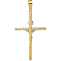 14K Yellow Gold and White Rhodium Textured INRI Crucifix Cross Pendant - 59.7mm Length by Oro Pregiato
