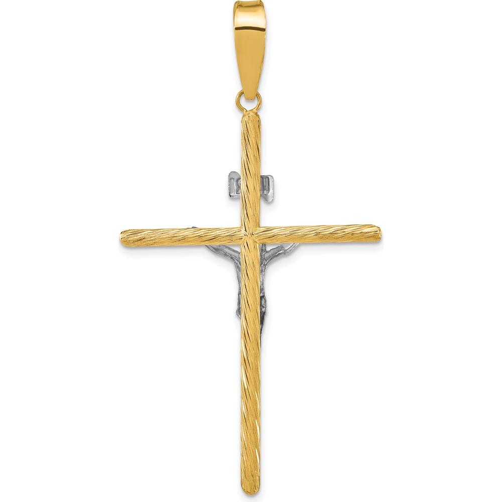 14K Yellow Gold and White Rhodium Textured INRI Crucifix Cross Pendant - 59.7mm Length by Oro Pregiato