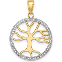 14K Yellow Gold and White Rhodium Tree of Life Pendant with Beaded Frame - 26.1mm Length by Oro Pregiato