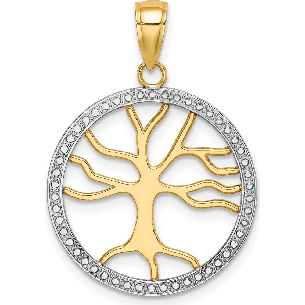 14K Yellow Gold and White Rhodium Tree of Life Pendant with Beaded Frame - 26.1mm Length by Oro Pregiato