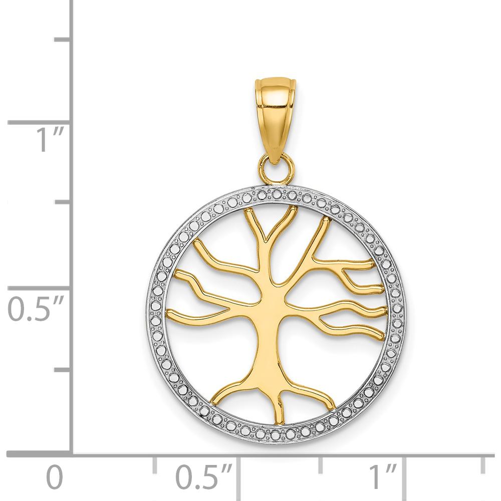14K Yellow Gold and White Rhodium Tree of Life Pendant with Beaded Frame - 26.1mm Length by Oro Pregiato