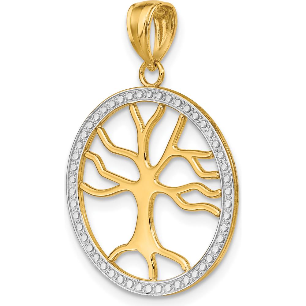 14K Yellow Gold and White Rhodium Tree of Life Pendant with Beaded Frame - 26.1mm Length by Oro Pregiato