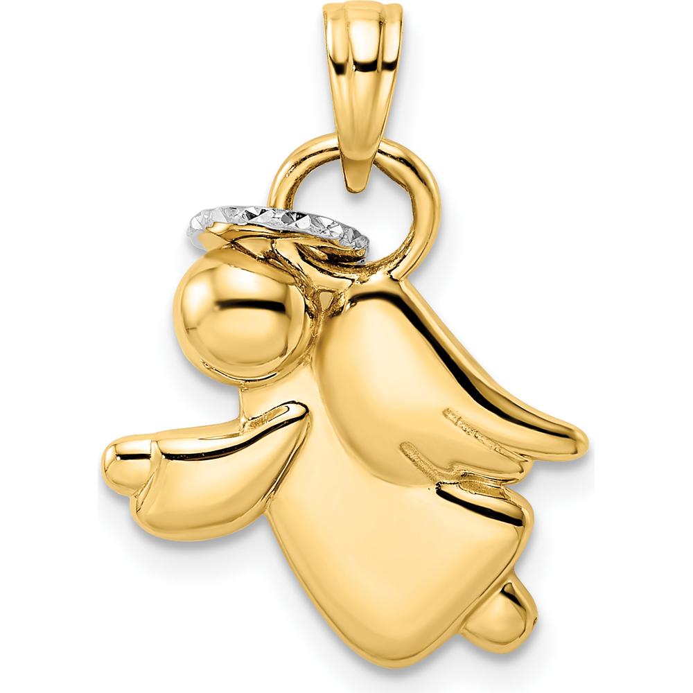14K Yellow Gold Angel Pendant with Diamond-Cut Halo and Rhodium Plating by Oro Pregiato