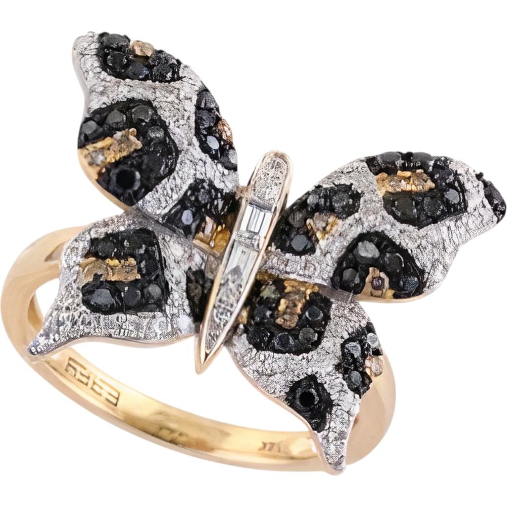 14K Yellow Gold Animal Print Butterfly Ring with Black and White Diamonds - 0.72 Carat Total Diamond Weight by EFFY