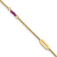 14K Yellow Gold Anklet with Red Corundum Beads and Oval Stations - 10" Length with 1" Extender
