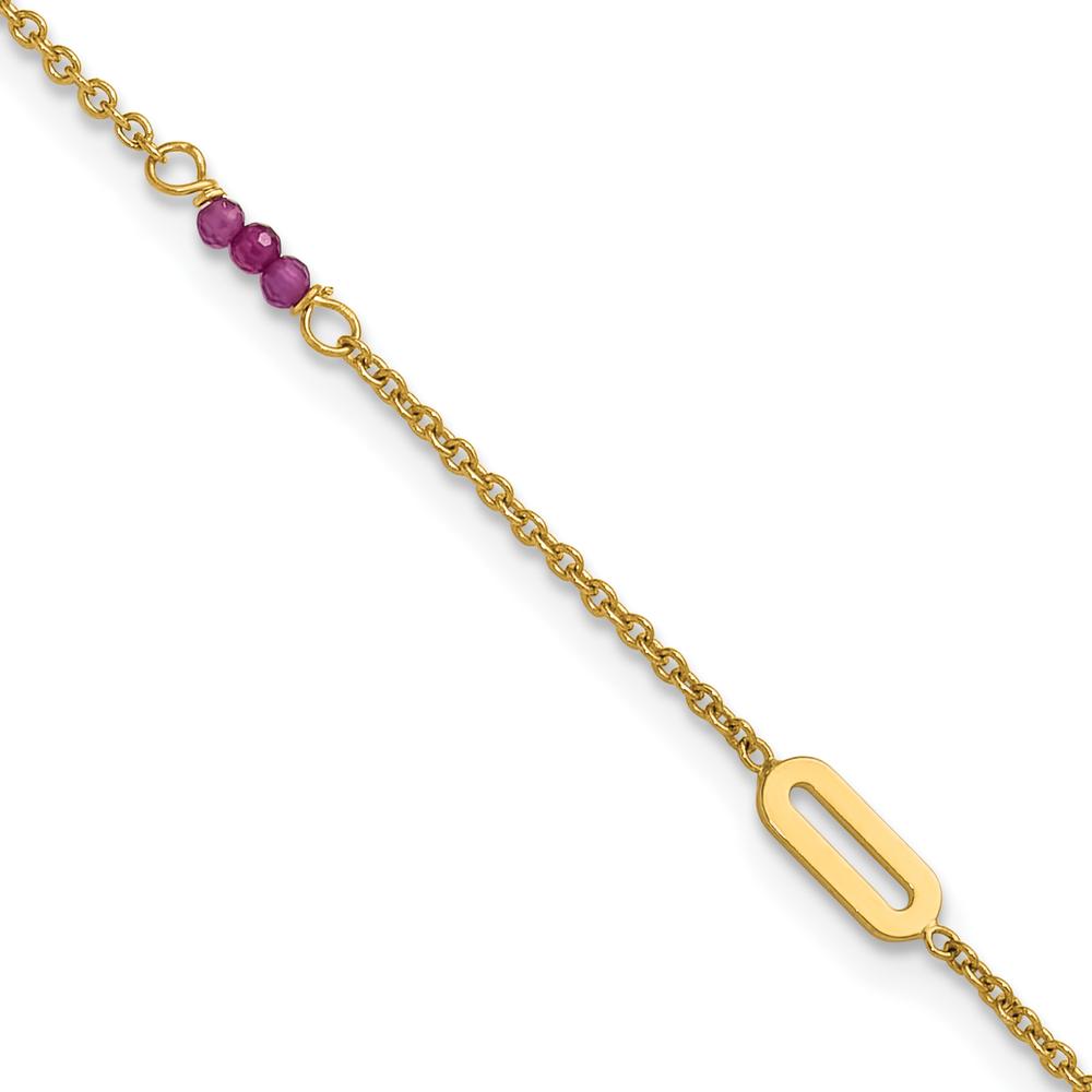 14K Yellow Gold Anklet with Red Corundum Beads and Oval Stations - 10" Length with 1" Extender