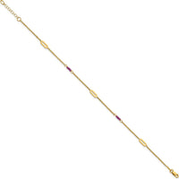 14K Yellow Gold Anklet with Red Corundum Beads and Oval Stations - 10" Length with 1" Extender
