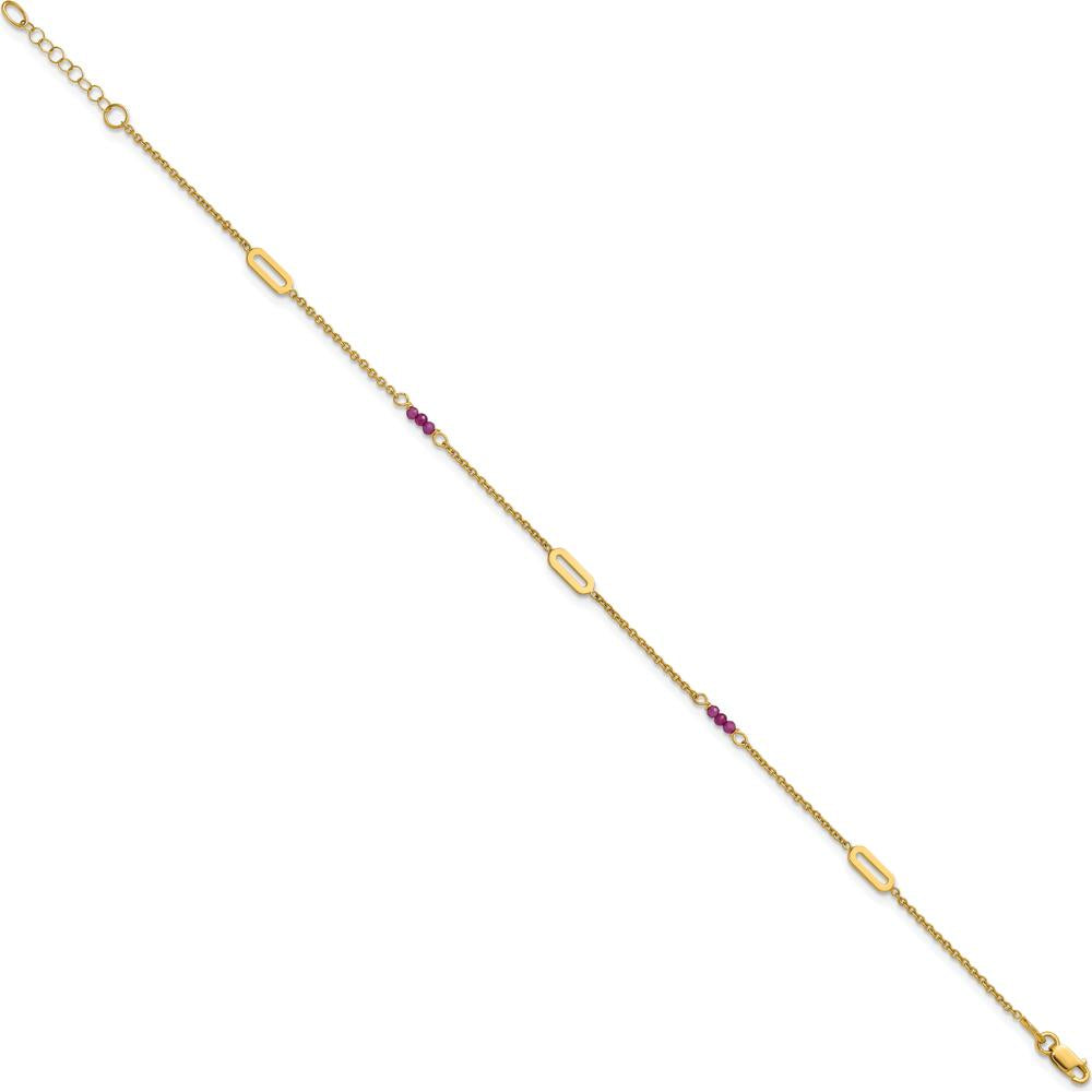 14K Yellow Gold Anklet with Red Corundum Beads and Oval Stations - 10" Length with 1" Extender