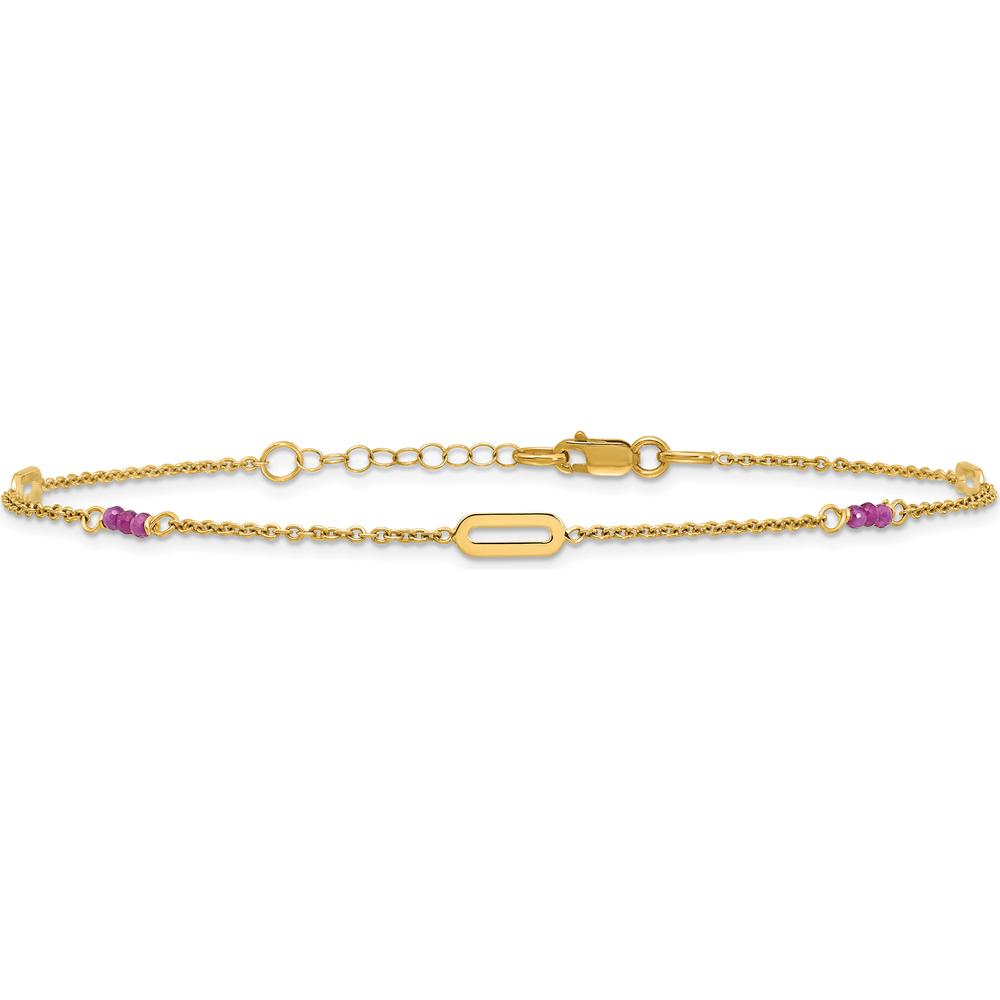 14K Yellow Gold Anklet with Red Corundum Beads and Oval Stations - 10" Length with 1" Extender