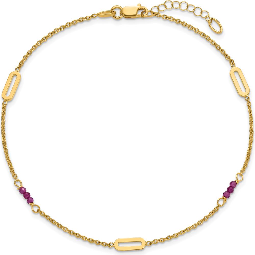 14K Yellow Gold Anklet with Red Corundum Beads and Oval Stations - 10" Length with 1" Extender