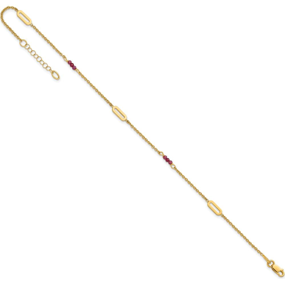 14K Yellow Gold Anklet with Red Corundum Beads and Oval Stations - 10" Length with 1" Extender