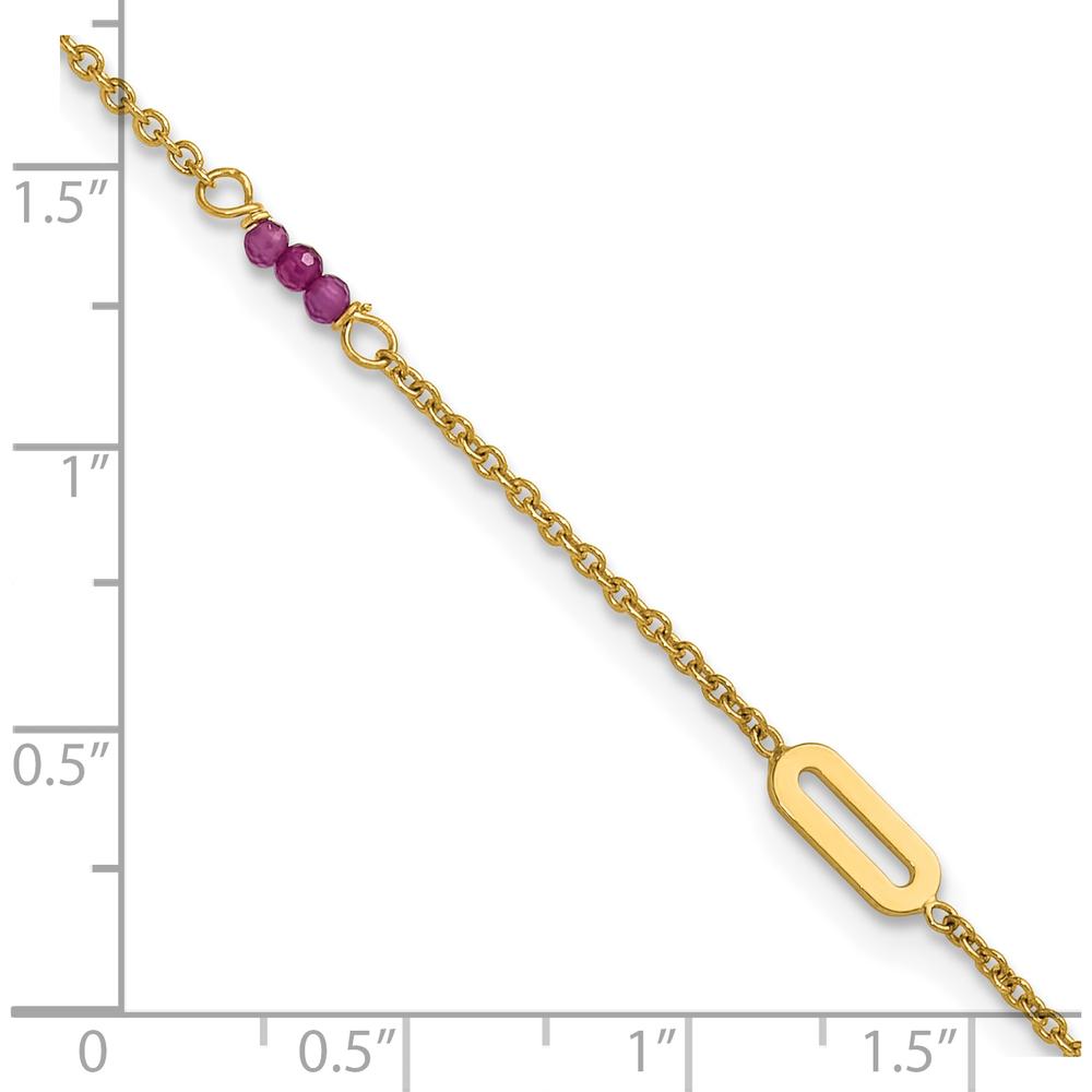 14K Yellow Gold Anklet with Red Corundum Beads and Oval Stations - 10" Length with 1" Extender
