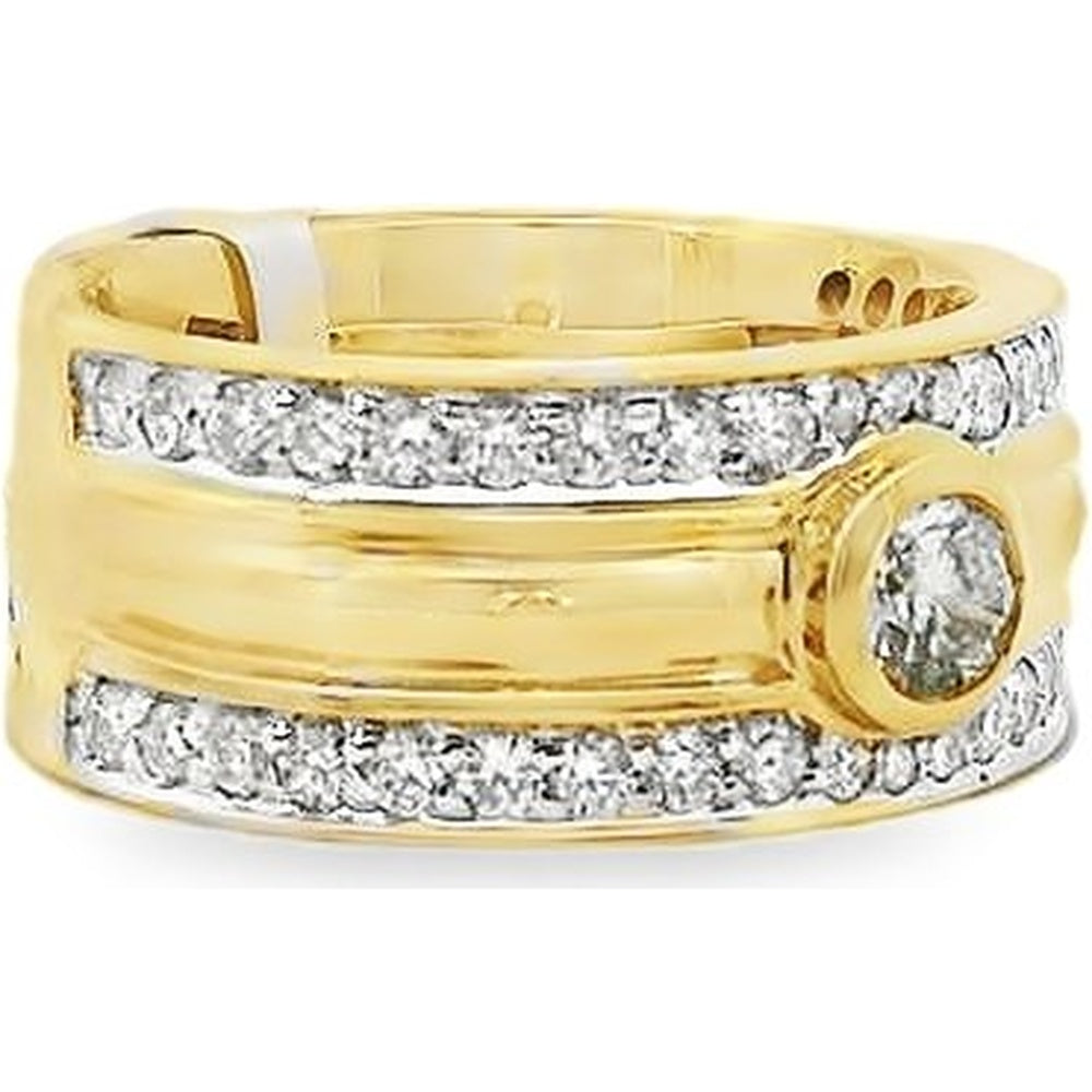 14K Yellow Gold Anniversary Band with Bezel Set Round Diamond and Pavé Diamond Rows - 1.46 Carat Total Diamond Weight by Auriventus