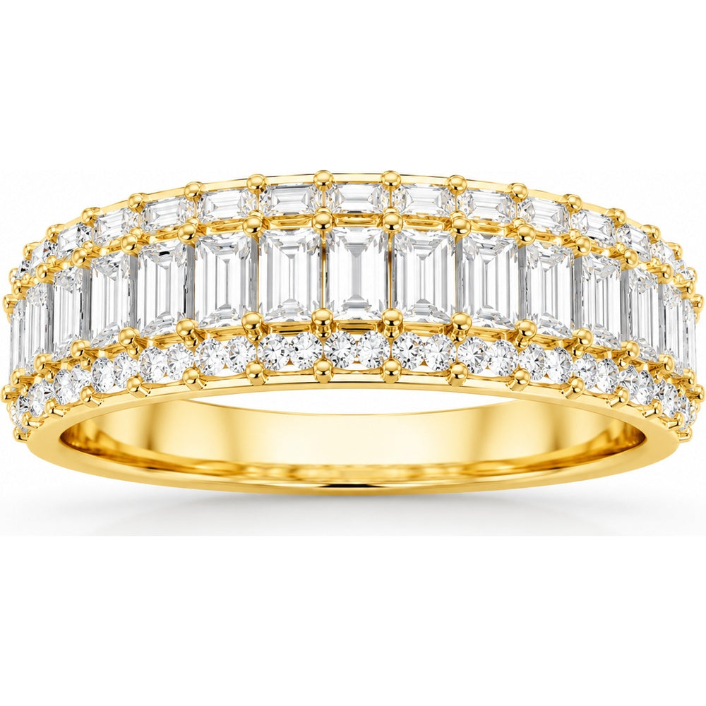14K Yellow Gold Anniversary Band with Emerald Cut and Round Diamond Three Row Design - 1.56 Carat Total Diamond Weight by Auriventus