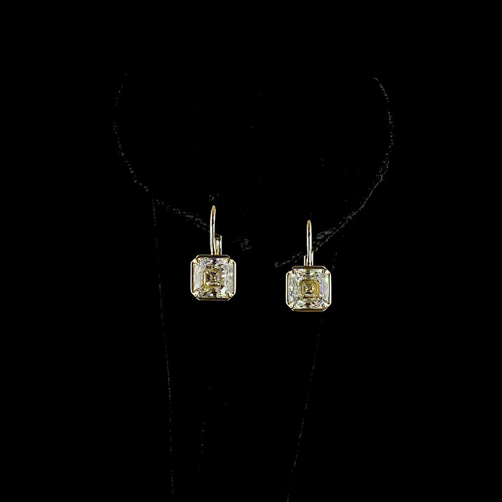 14K Yellow Gold Antique Asscher Cut Lab Diamond Hanging Earrings - 3.17 Carats Total Diamond Weight, E-F VS1 - Covaloro Fine Jewelry