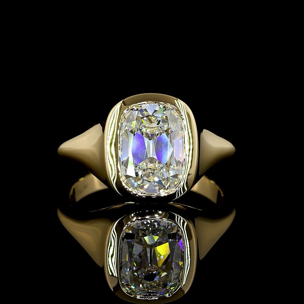 14K Yellow Gold Antique Cushion Cut Bezel Set Solitaire Ring - 3.07 Carat Lab Diamond E-F VS1 GIA Certified - Covaloro Fine Jewelry