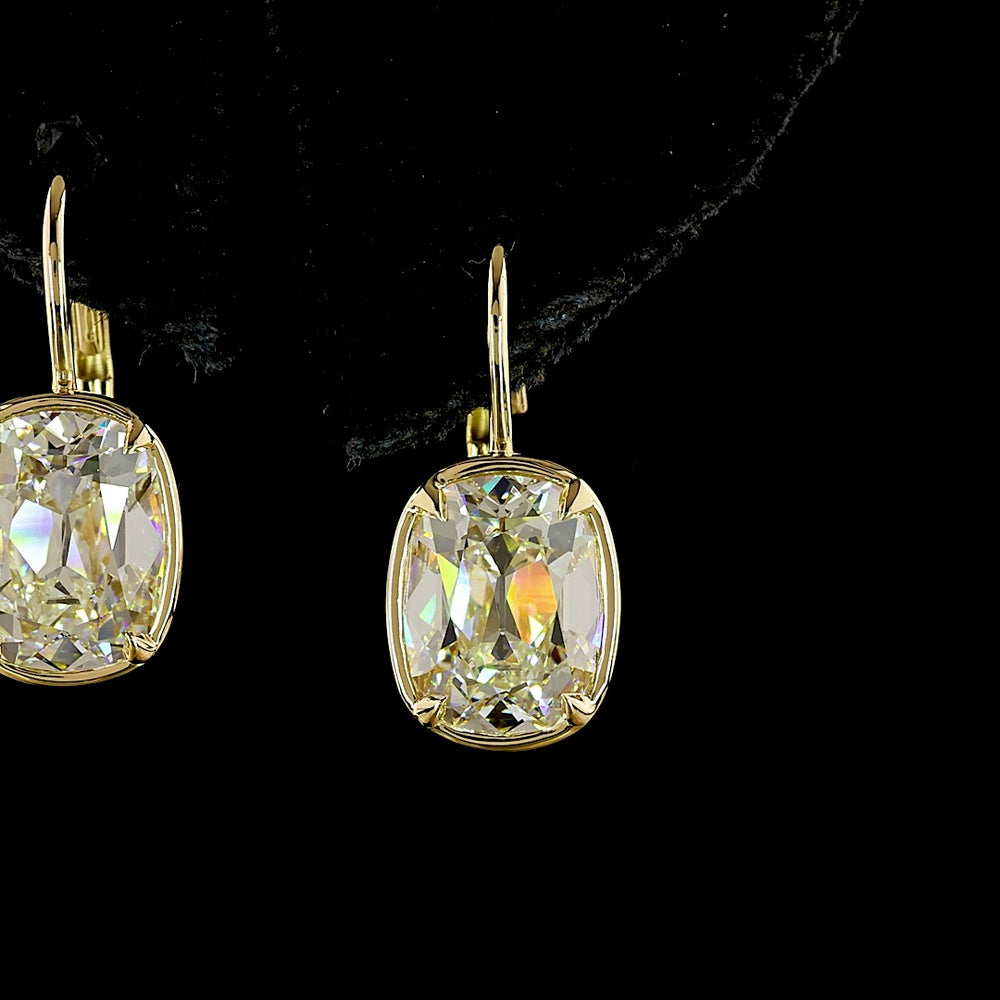 14K Yellow Gold Antique Cushion Cut Lab Diamond Drop Earrings - 5.15 Total Carat Weight, E-F Color VS1 Clarity - Covaloro Fine Jewelry