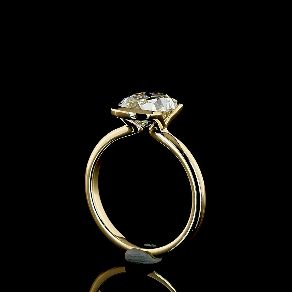 14K Yellow Gold Antique Cushion Cut Lab Diamond Solitaire Ring with Half Bezel Setting - 2.72 Carat Total Weight, E-F Color, VVS2 Clarity, IGI Certified - Covaloro Fine Jewelry