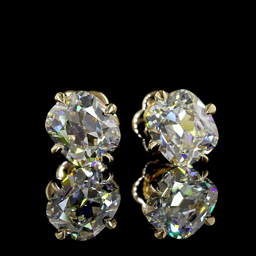 14K Yellow Gold Antique Cushion Cut Lab Diamond Stud Earrings - 2.59 Carat Total Weight, E-F VVS2 Clarity, North-South Prong Set - Covaloro Fine Jewelry