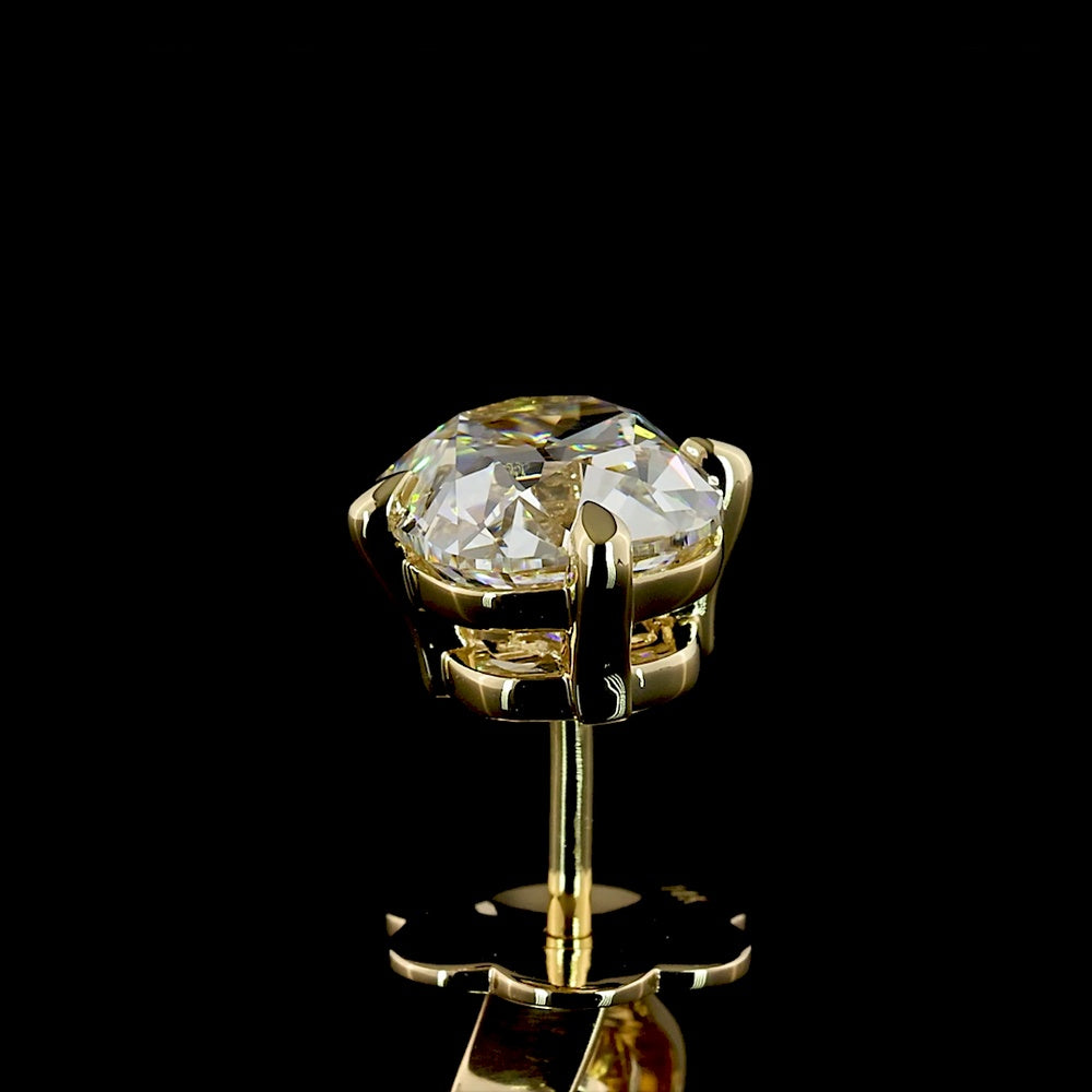 14K Yellow Gold Antique Cushion Cut Lab Diamond Stud Earrings - 2.59 Carat Total Weight, E-F VVS2 Clarity, North-South Prong Set - Covaloro Fine Jewelry