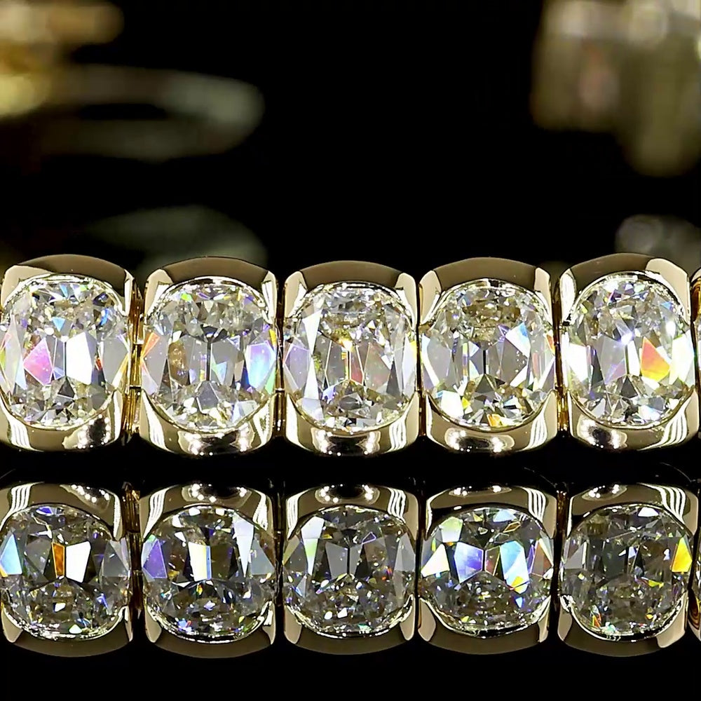 14K Yellow Gold Antique Cushion Cut Lab Diamond Tennis Bracelet - 8.93 Carat Total Weight, 58 Stones, Half Bezel Setting, E-F Color VS Clarity - Covaloro Fine Jewelry