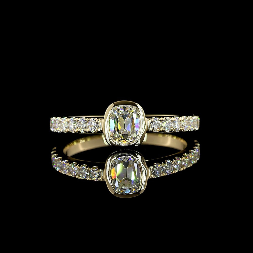 14K Yellow Gold Antique Cushion Cut Solitaire Ring with Bezel Setting and Diamond Shank - 0.85 Carats Total Diamond Weight (Lab Diamonds) - Covaloro Fine Jewelry