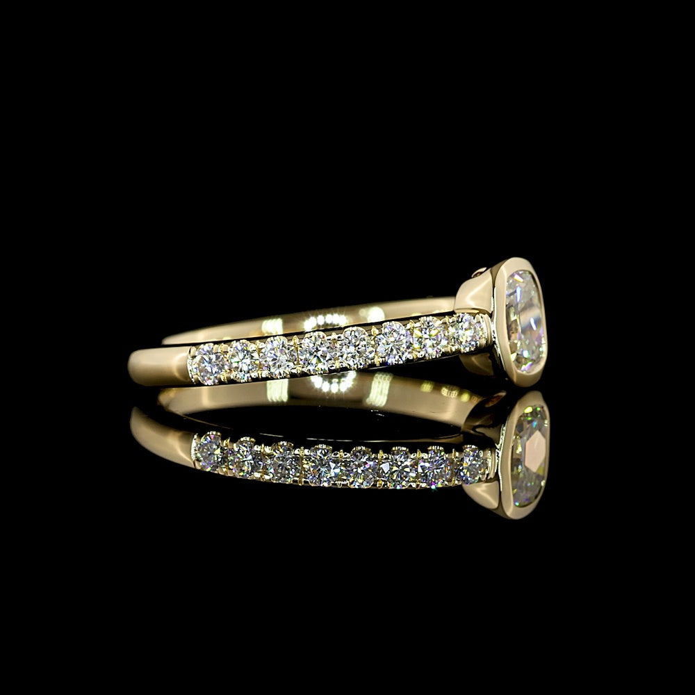 14K Yellow Gold Antique Cushion Cut Solitaire Ring with Bezel Setting and Diamond Shank - 0.85 Carats Total Diamond Weight (Lab Diamonds) - Covaloro Fine Jewelry